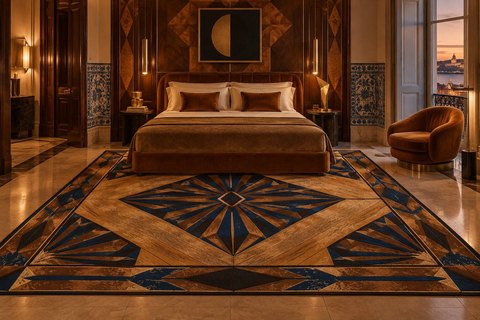 Interior with Parquetry in a guest room (visualisation, AI-generated)