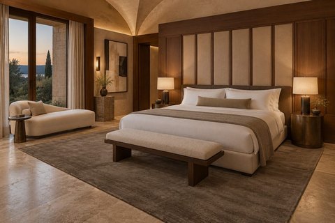 Interior with a plain tip-sheared carpet in umber in a guest room (visualisation, AI-generated)