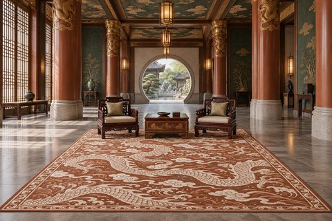 Interior with Dragon in a lobby (visualisation, AI-generated)