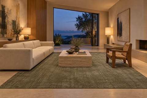 Interior with a plain tip-sheared carpet in olive brown in a suite (visualisation, AI-generated)