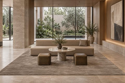 Interior with a plain tip-sheared carpet in mink in a lobby (visualisation, AI-generated)