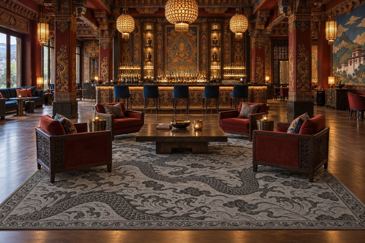 Interior with Dragon in a bar (visualisation, AI-generated)