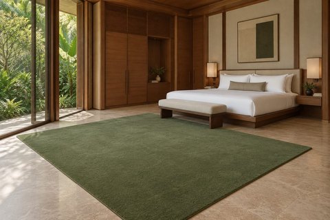Interior with a plain velvet carpet in moss in a guest room (visualisation, AI-generated)