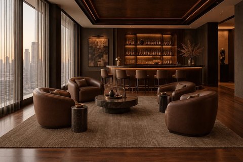 Interior with a plain tip-sheared carpet in tobacco in a bar (visualisation, AI-generated)
