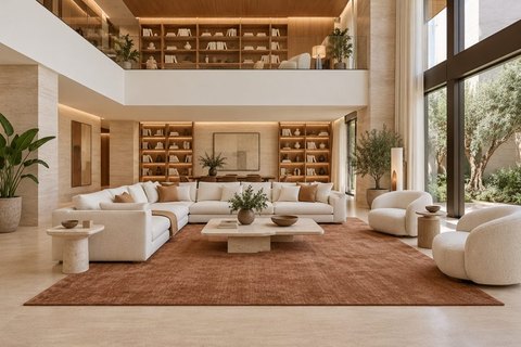 Interior with a plain tip-sheared carpet in rust in a library (visualisation, AI-generated)