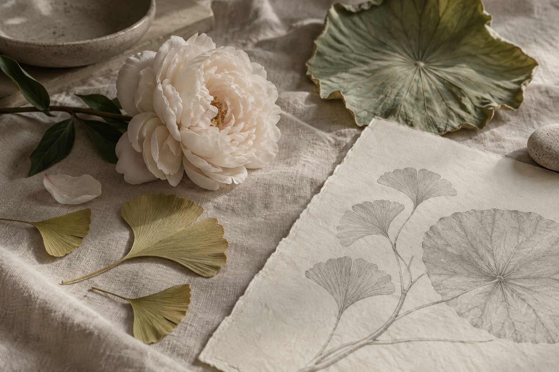 Pressed leaves, handmade paper, undyed linen