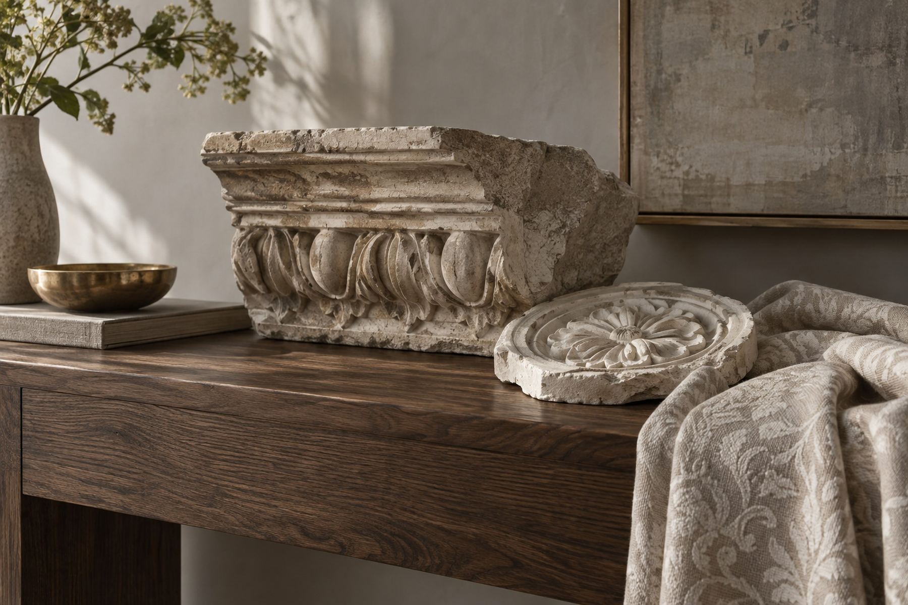 Carved stone, plaster medallion, wool damask