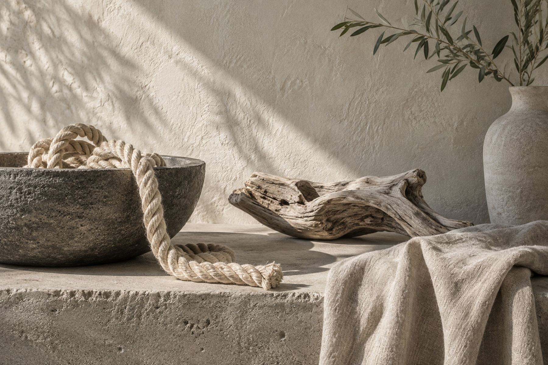 Hemp rope, limewash, driftwood, sun-faded linen