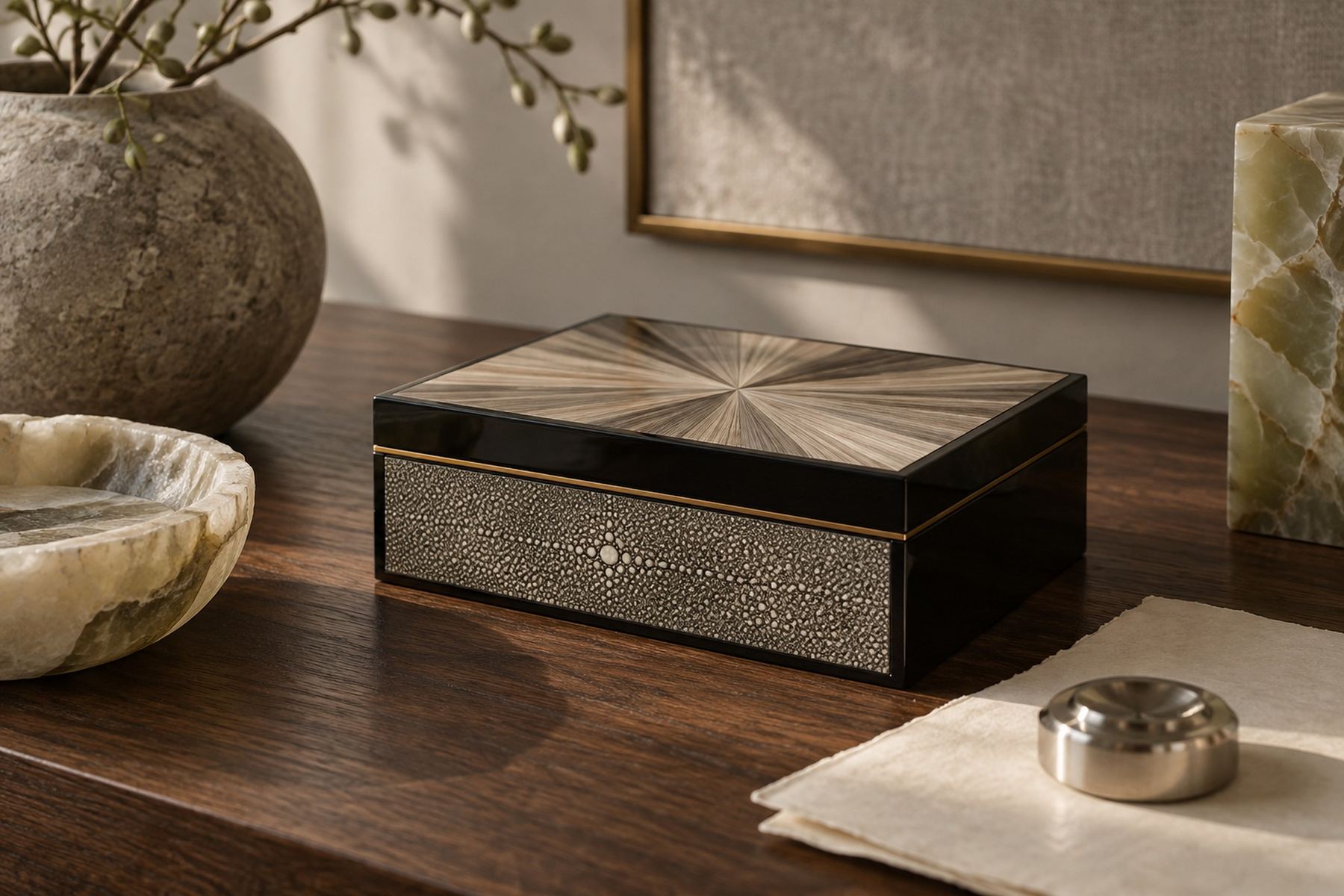 Black lacquer, shagreen, straw marquetry, parchment