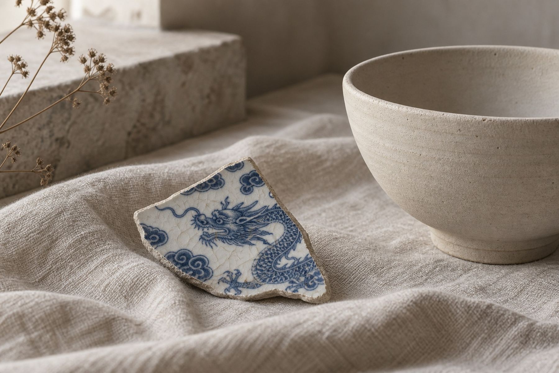 Blue-and-white porcelain, crackle glaze, bisque, cream linen