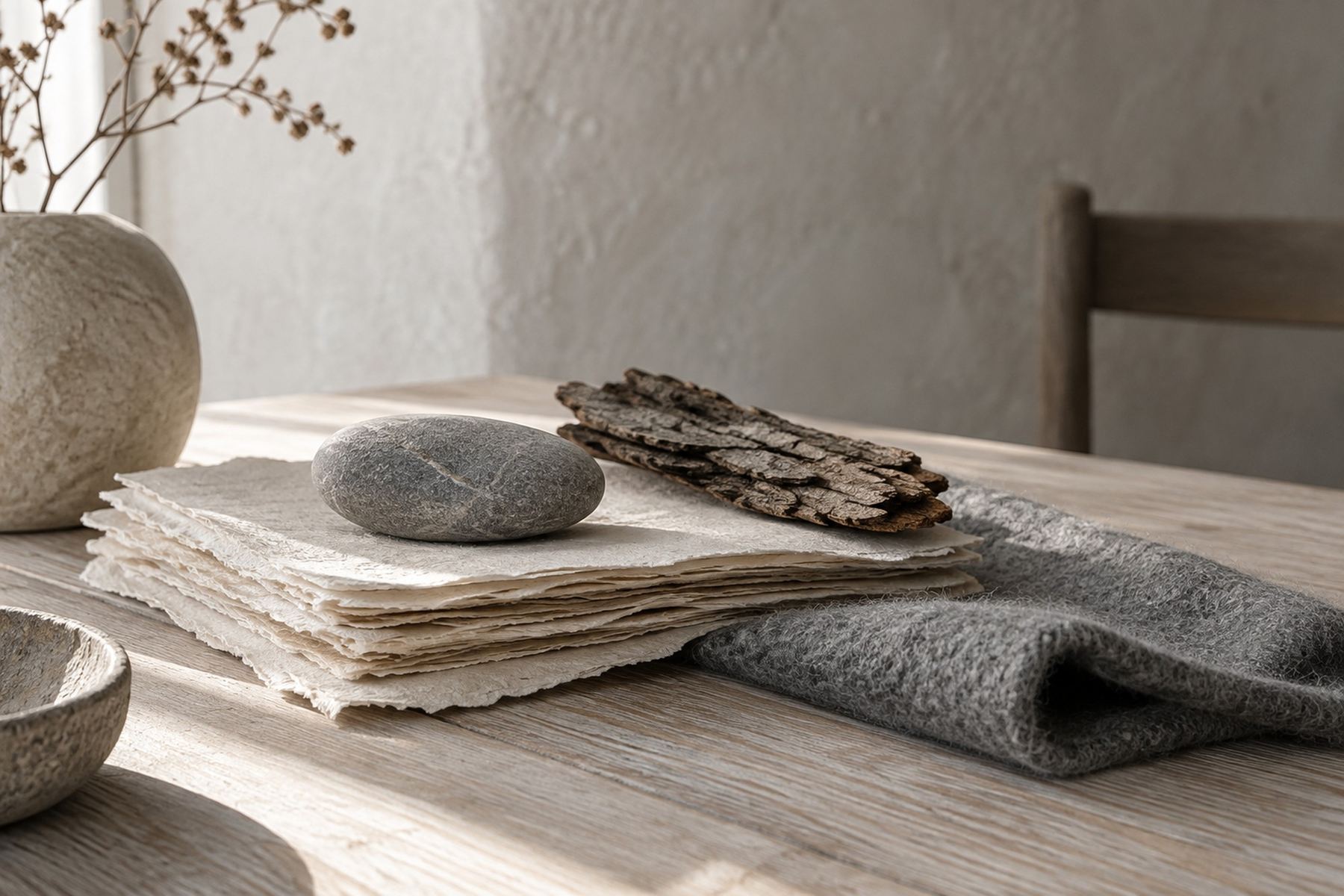 Washi, felt, bark, river stone