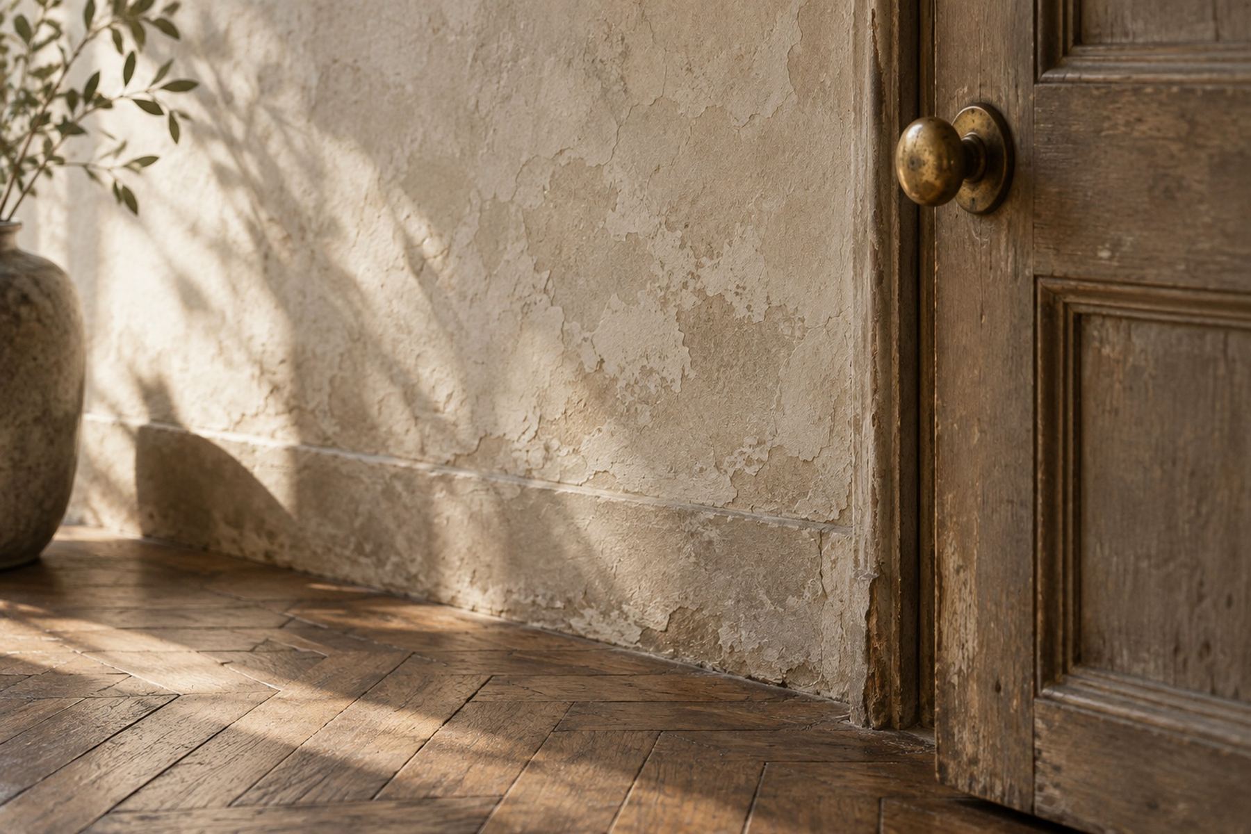 Lime plaster, strip parquet, tarnished brass